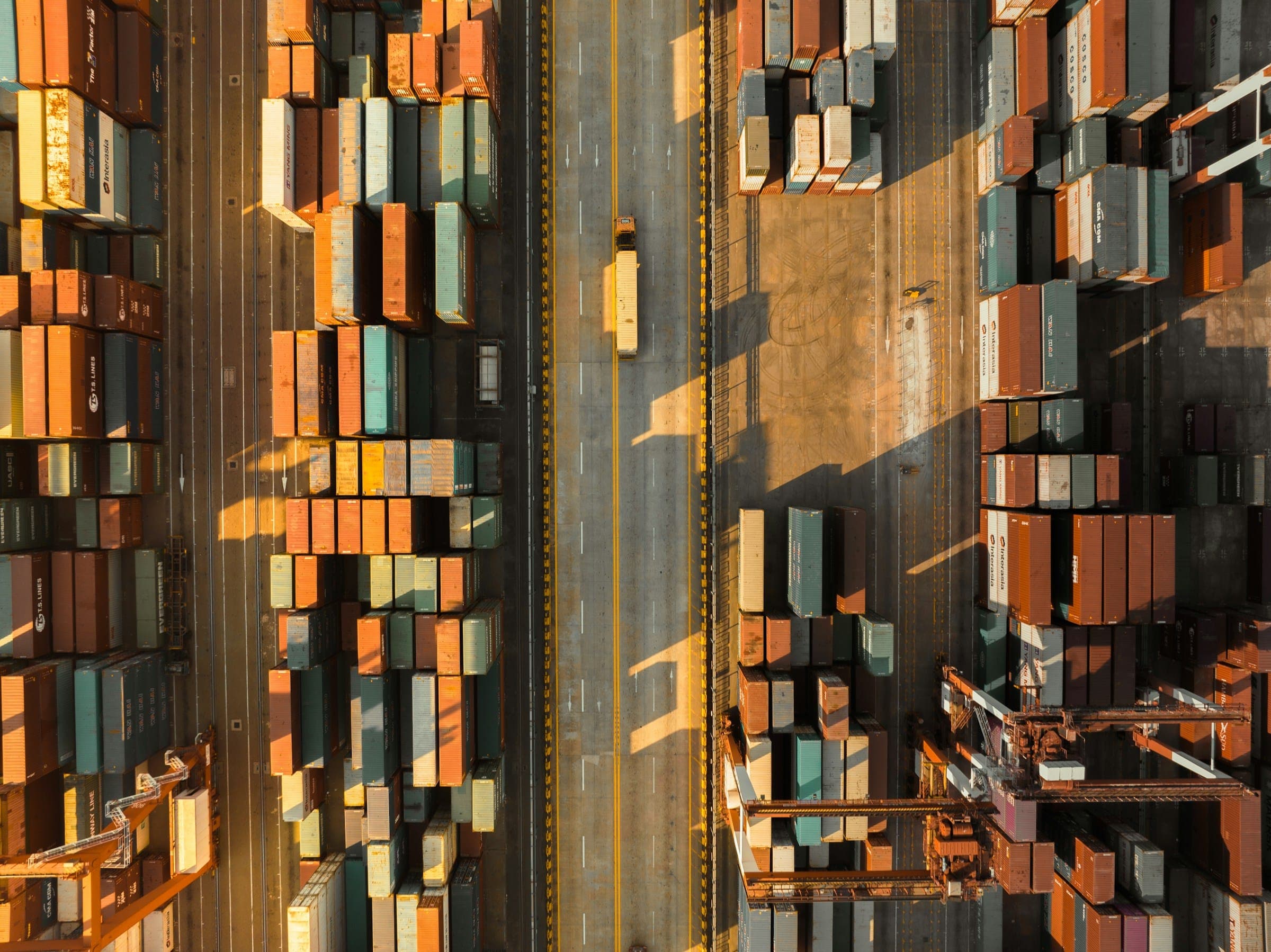 Shipping containers at a port seen from above
