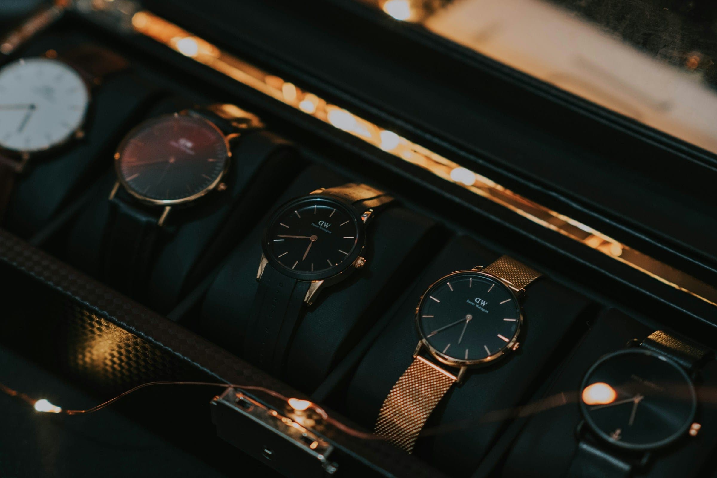 Luxury watches in a display case